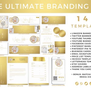 Könnte beinhalten: Ein digitales Branding-Kit mit 145 Vorlagen in Gold und Weiß. Enthält Layouts für LinkedIn, Twitter, YouTube, Facebook, Pinterest, Visitenkarten, E-Mail-Signaturen, Preislisten, Rechnungen, Briefköpfe und Adressaufkleber für verschiedene Medien.
