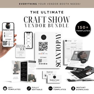 Puede incluir: Un paquete de marketing digital para puestos de venta con más de 150 plantillas, incluyendo tarjetas de visita, folletos, recibos y carteles con códigos QR. Los diseños en blanco y negro incluyen texto como THE ULTIMATE CRAFT SHOW VENDOR BUNDLE.