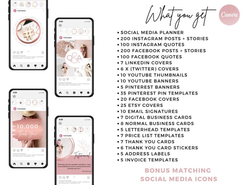 Rosegold Business Graphics Canva Template Collection Social Media Marketing Bundle Professional Branding Kit Youtube Banner Email Signature Design Pinterest Linkedin Profile Templates Entrepreneur Digital Planner Content Calendar Graphics