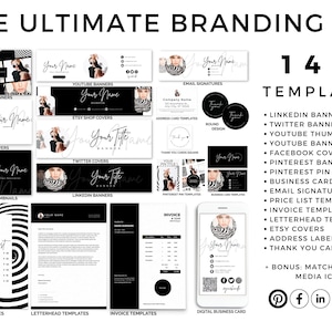 Kit di branding, modello Pinterest, etichetta indirizzo, modello carta intestata, banner Youtube, modello fattura, icone social media, firma e-mail