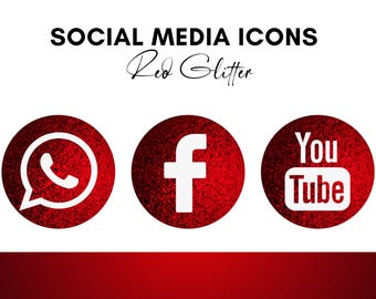Social Media Icons Png Transparent Red Glitter Graphic Design Kit Digital Download Clipart Set Website Branding Button Badge Emblem Facebook