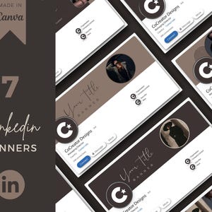 Könnte beinhalten: Eine Sammlung von sieben LinkedIn-Profilbannern in einem dunkelbraunen und weißen Farbschema. Die Designs enthalten kreisförmige Platzhalter für Profilbilder, Textbereiche für Titel und das CoCreator Designs-Logo mit Stern und C.