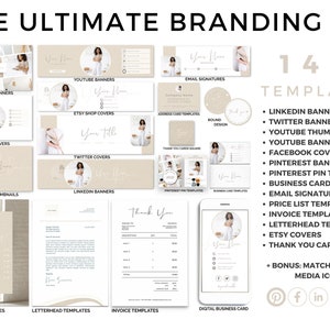 Kit di branding, modello Pinterest, etichetta indirizzo, modello carta intestata, banner Youtube, modello fattura, icone social media, firma e-mail