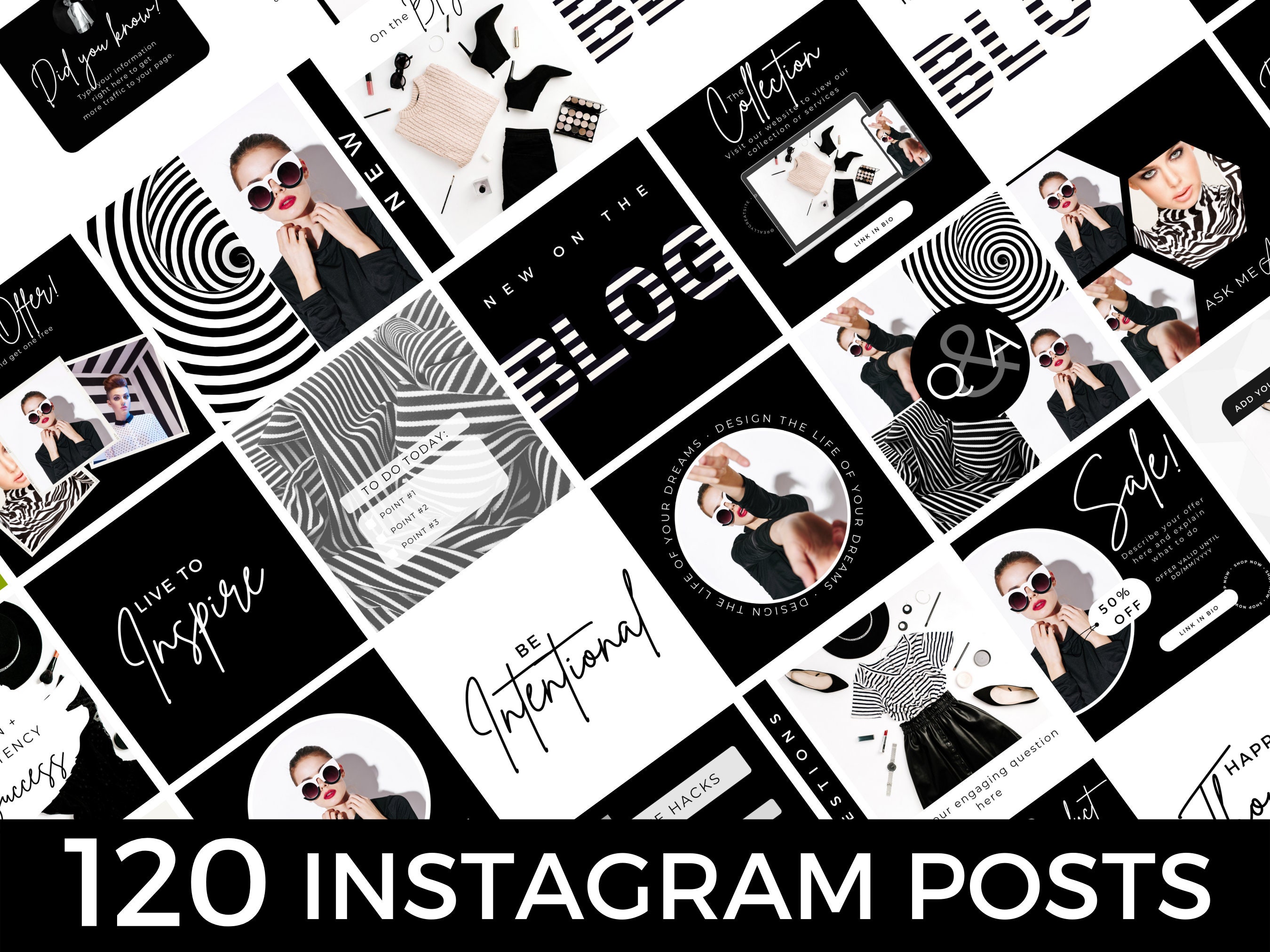 300 Black White Instagram Templates Bundle, Social Media Planner (canva ...