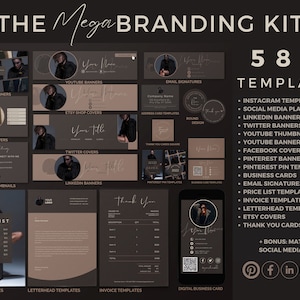 Kit di branding da 580 MEGA, 300 modelli Instagram, banner per social media per tutte le piattaforme, carta intestata, fatture, listini prezzi, tema scuro, Moody