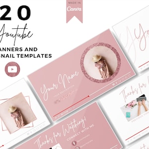 20 YouTube Thumbnail Template, YouTube Banner Templates, YouTube Branding Kit, YouTube Intro and Outro Video, YouTube Canva Template, Pink