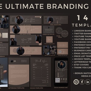 Kit di branding, modello Pinterest, etichetta indirizzo, modello carta intestata, banner Youtube, modello fattura, icone social media, firma e-mail