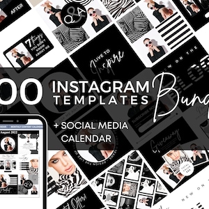 Könnte beinhalten: Ein digitales Paket mit 300 Instagram-Vorlagen und einem Social-Media-Kalender mit schwarz-weißen Grafikdesigns, Fotografien und Typografie. Der Text enthält 300 Instagram Templates, Social Media Calendar und Live to Inspire.
