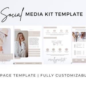 Könnte beinhalten: Eine vierseitige Social-Media-Kit-Vorlage in neutralen Beige- und Weißtönen. Das Design enthält Platzhalter für Fotos, biografische Texte, Zielgruppenstatistiken und Engagement-Kennzahlen, die alle vollständig in Canva anpassbar sind.