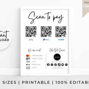 Scan QR modifiable pour payer le signe imprimable, Scan to Pay Card, PayPal QR Sign, Cashapp Sign pour les petites entreprises, modèle Canva modifiable, Venmo QR Sign