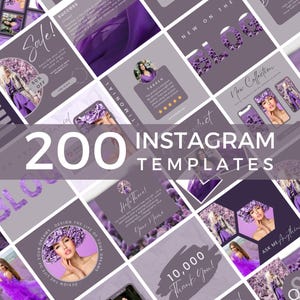Könnte beinhalten: Eine Sammlung von 200 Instagram-Vorlagen in einer Farbpalette aus Violett und Lavendel. Die Designs umfassen verschiedene Layouts mit Platzhaltern für Text, kreisförmigen Rahmen und floralen Bildern für soziale Medien.