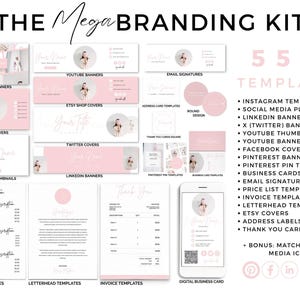Pink Branding Kit Business Card Youtube Banner Email Signature Pinterest Template Social Media Canva Graphics Package Instagram Content