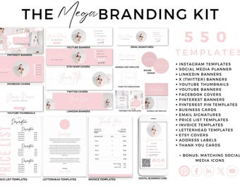 Pink Branding Kit Business Card Youtube Banner Email Signature Pinterest Template Social Media Canva Graphics Package Instagram Content