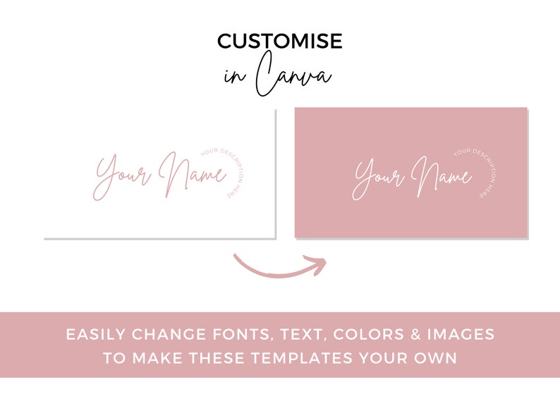 May include: A customizable business card template with a pink background and white text. The text reads "Your Name" and "Your Description Here". The text is in a circular shape. The template can be edited in Canva.