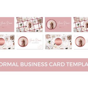 May include: Eight pink and white business card templates with a rose gold circle and a collage of photos in the background. The text "Your Name" is written in white cursive on the cards.