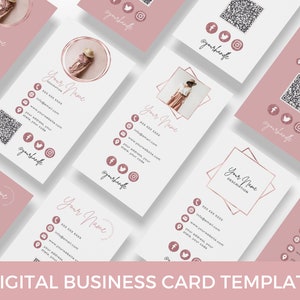 May include: Seven digital business card templates with a pink and white color scheme. Each template features a different design with a rose gold border, a photo placeholder, and space for contact information. The text "Your Name" and "Your Description" are included on the templates.