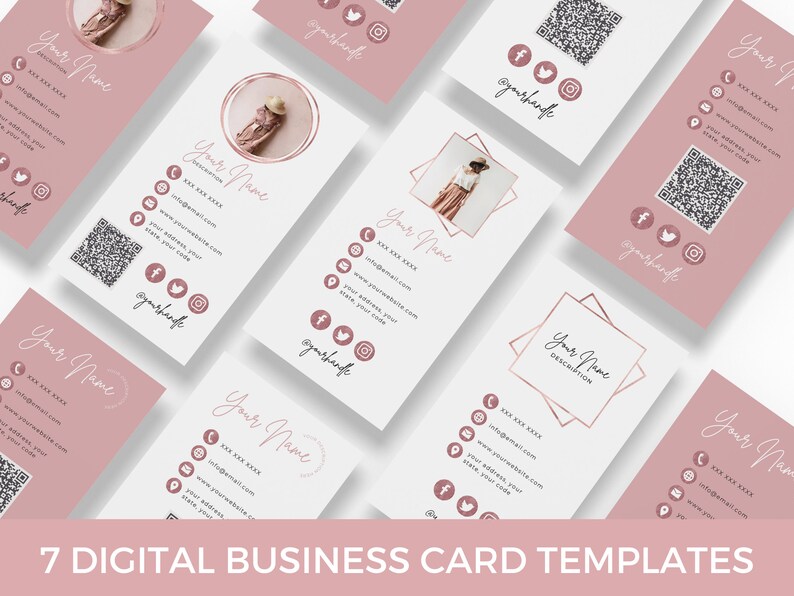 May include: Seven digital business card templates with a pink and white color scheme. Each template features a different design with a rose gold border, a photo placeholder, and space for contact information. The text "Your Name" and "Your Description" are included on the templates.