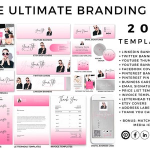 Kit di branding, modello Pinterest, etichetta indirizzo, modello carta intestata, banner Youtube, modello fattura, icone social media, firma e-mail