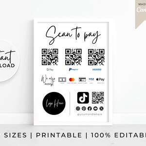 Panneau imprimable modifiable QRScan to Pay,Scan to Pay Card,Signe QR PayPal,Signe Cashapp pour petites entreprises,Modèle Canva modifiable,Signe QR Venmo