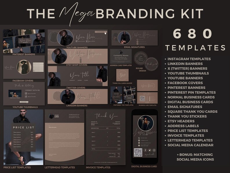 680 Mega Branding Kit Templates, Social Media Banners, Dark Theme - Etsy