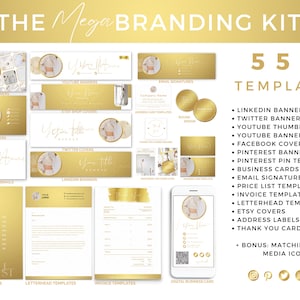 Kit di branding 550 MEGA, modelli Instagram Gold, banner per social media per tutte le piattaforme, carta intestata, fatture, listini prezzi, Gold