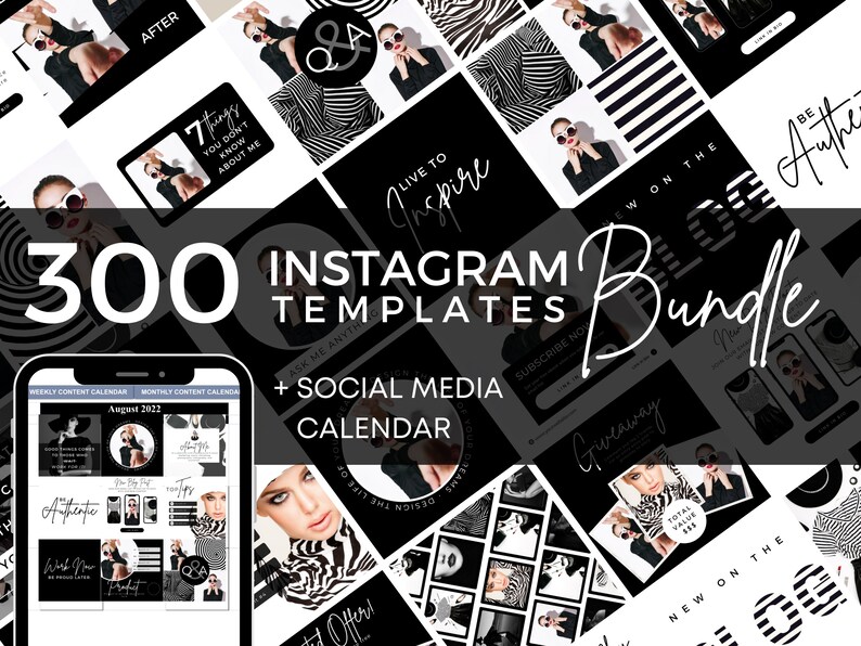 300 Black White Instagram Templates Bundle, Social Media Planner (canva ...