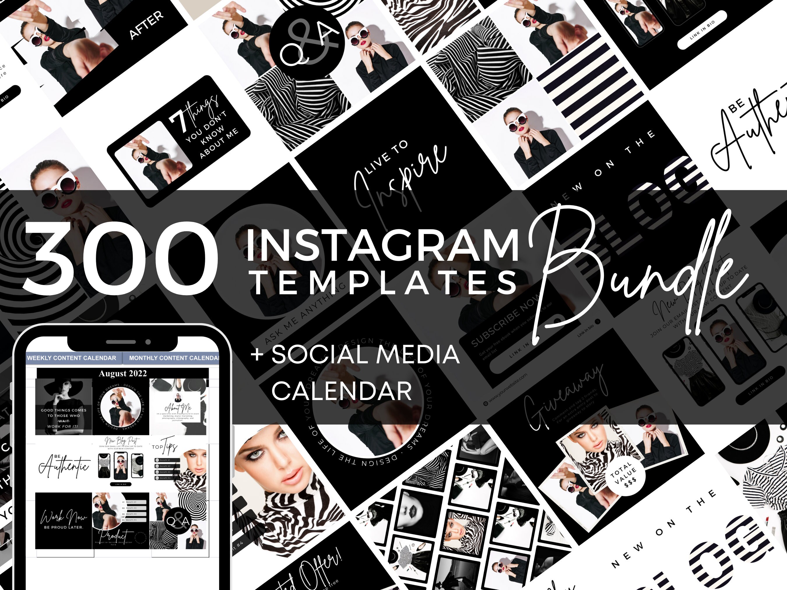 300 Black White Instagram Templates Bundle, Social Media Planner (canva ...