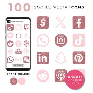 May include: A digital graphic featuring 100 social media icons in pink and rose gold glitter. The icons include logos for TikTok, Facebook, Instagram, and more. The image also includes the text "Social Media Icons" and "Bonus! +100 Pink Icons."