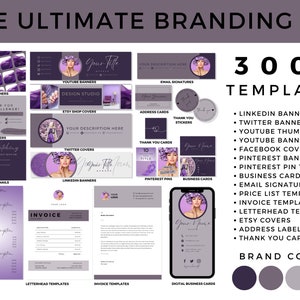 Kit di branding 300, modello Pinterest, etichetta indirizzo, modello carta intestata, banner YouTube, modello fattura, icone social media, firma e-mail