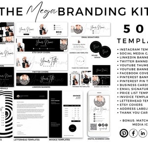 500 MEGA Branding Kit, Plantillas de Instagram en blanco y negro, Banners de redes sociales para todas las plataformas, Membretes, Facturas, Listas de precios, Canva
