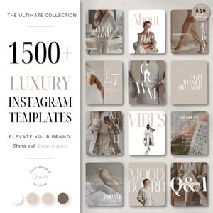 Könnte beinhalten: Eine digitale Sammlung von über 1500 luxuriösen Instagram-Vorlagen in neutralen Beige- und Weißtönen. Das Set enthält verschiedene Layouts mit Typografie, Lifestyle-Fotografie und Texteinblendungen wie About Me, GRWM, Vibes und Q&A.