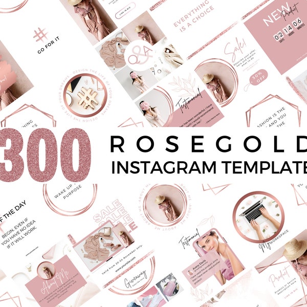 300 Rosegold Instagram Template Bundle, Instagram Post Template, Social Media Templates, Blogger Template, Business, Canva Template, Pink