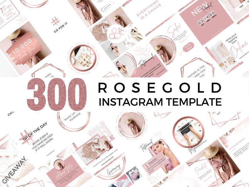 300 Rosegold Instagram Template Bundle, Instagram Post Template, Social Media Templates, Blogger Template, Business, Canva Template, Pink image 1