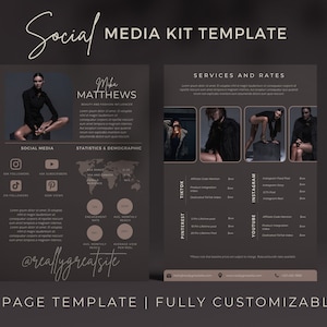 2 Page Media Kit Template, Canva Template, Blogger Media Kit, Instagram Media Kit, Social Media Kit, Influencer Media Kit, Rate Sheet, Dark