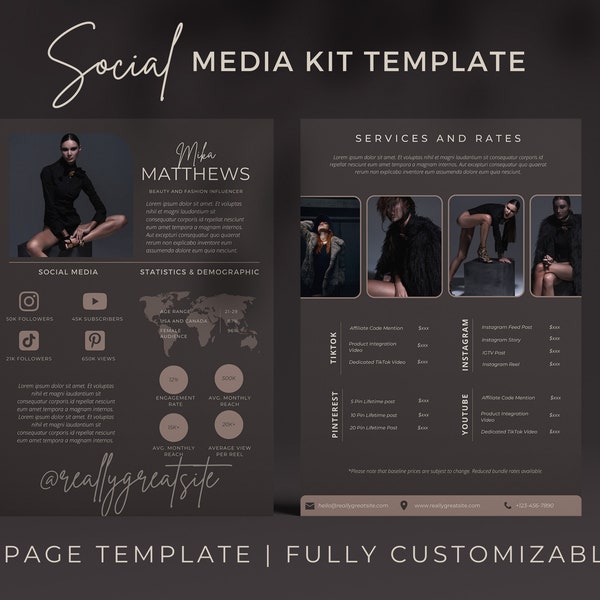 Modèle de kit média de 2 pages, modèle Canva, kit média Blogger, kit média Instagram, kit média social, kit média influenceur, feuille de taux, sombre