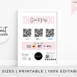 Scan QR modifiable pour payer le signe imprimable, Scan to Pay Card, PayPal QR Sign, Cashapp Sign pour les petites entreprises, modèle Canva modifiable, Venmo QR Sign