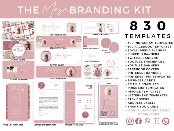 Canva Branding Template Social Media Kit Rosegold Business Graphics Package Youtube Banner Email Signature Pinterest Linkedin Profile