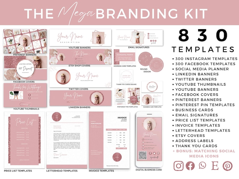 Canva Branding Template Social Media Kit Complete Business Graphics Bundle Rosegold Professional Marketing Collection Youtube Banner Email Signature Pinterest Linkedin Profile Entrepreneur Content Planner Digital Templates Customizable