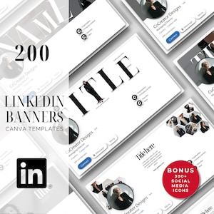 Puede incluir: Una colección de 200 plantillas de Canva para banners de LinkedIn con varios diseños profesionales, marcadores de posición para fotos de perfil y campos de texto. Incluye un conjunto adicional de más de 300 iconos de redes sociales.