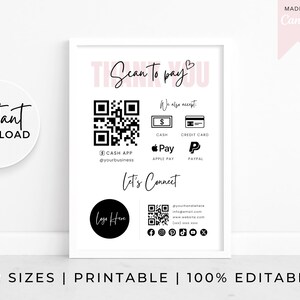 Scan QR modifiable pour payer le signe imprimable, Scan to Pay Card, PayPal QR Sign, Cashapp Sign pour les petites entreprises, modèle Canva modifiable, Venmo QR Sign