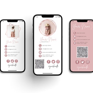 May include: A pink and white mobile phone screen displaying a digital business card with a photo of a woman, contact information, and social media icons. The text on the card reads "Your Name", "info@email.com", "www.yourwebsite.com", "your address, your state, your code", and "@yourhandle".