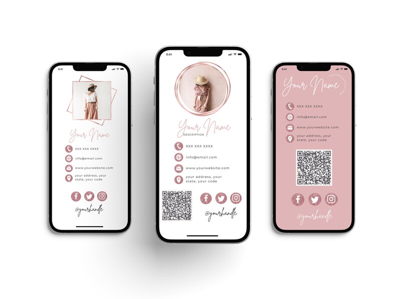 May include: A pink and white mobile phone screen displaying a digital business card with a photo of a woman, contact information, and social media icons. The text on the card reads "Your Name", "info@email.com", "www.yourwebsite.com", "your address, your state, your code", and "@yourhandle".