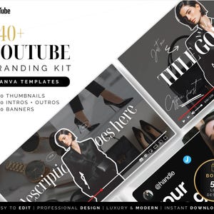 May include: A YouTube branding kit featuring Canva templates with 140 plus items including 50 thumbnails, 50 intros and outros, 50 banners, and 50 bonus logo designs. The graphic displays text overlays, fashion imagery, and branding elements.