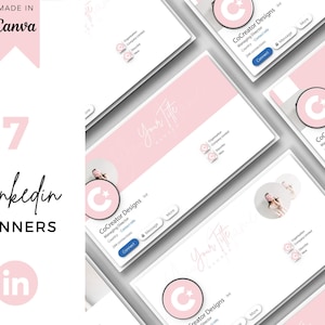 May include: A collection of seven digital LinkedIn banner templates featuring a soft pink and white colour scheme. The designs include circular profile picture placeholders, script typography, and the text CoCreator Designs, all presented in a clean layout.