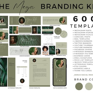 Más de 600 MEGA Branding Kit, plantillas de Instagram, plantillas de Facebook, banners de redes sociales para todas las plataformas, membretes, facturas, plantilla verde