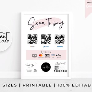 Panneau imprimable modifiable QRScan to Pay,Scan to Pay Card,Signe QR PayPal,Signe Cashapp pour petites entreprises,Modèle Canva modifiable,Signe QR Venmo