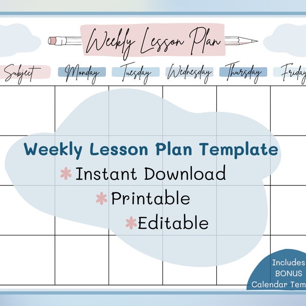 Printable Editable Weekly Lesson Plan Template | Simple Lesson Organizer | Weekly Lesson Schedule | Instant Download