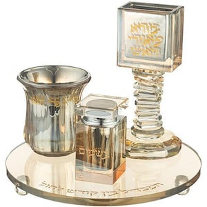 Crystal Havdala Set |  Elegant Gold-Tone Havdalah Set | Crystal Jewish Shabbat Ritual Set | Hebrew Engraving | Judaica Gift  | סט הבדלה