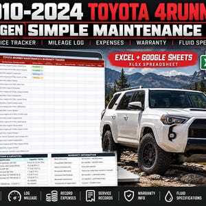 Op de afbeelding: Een digitaal onderhoudslogboek voor Toyota 4Runner-voertuigen uit 2010-2024, compatibel met Excel en Google Sheets. Het display toont een spreadsheet met onderhoudsintervallen, kilometerstand en vloeistofspecificaties naast een witte SUV.