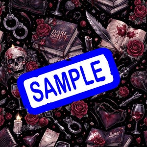 Puede incluir: Un patrón oscuro de temática gótica con rosas, libros, copas de vino, una calavera, esposas y lencería. La palabra "SAMPLE" se muestra en un rectángulo azul.